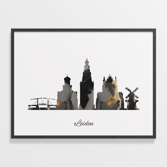 Leiden Luxury Black Gold Marble City Skyline Silhouette Poster