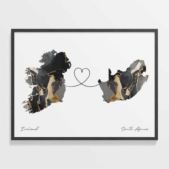 Ireland and South Africa Black and Gold Marble Two Countries Map Poster