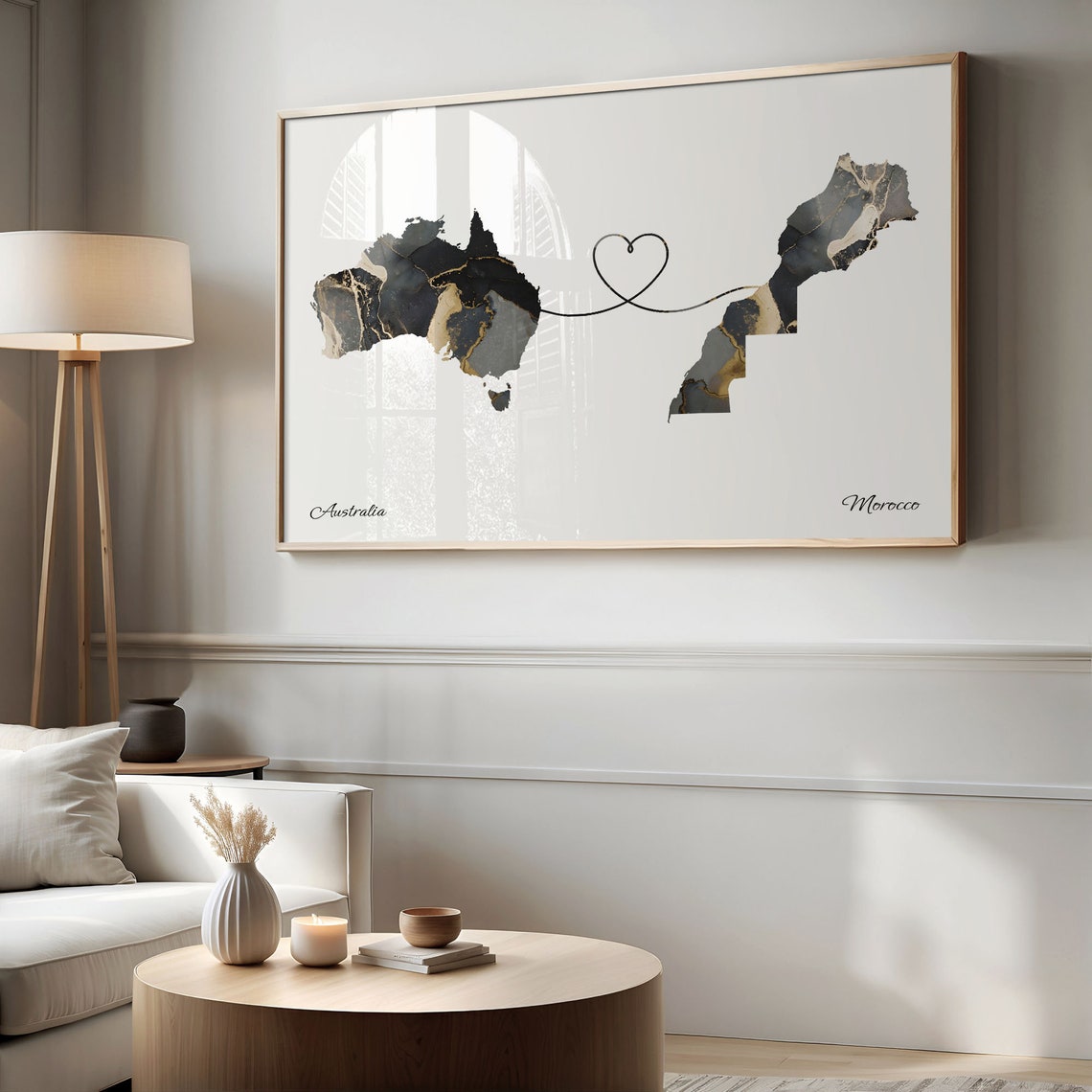Australia and Morocco Black Gold Marble Map Heart Connection Poster - Image 2