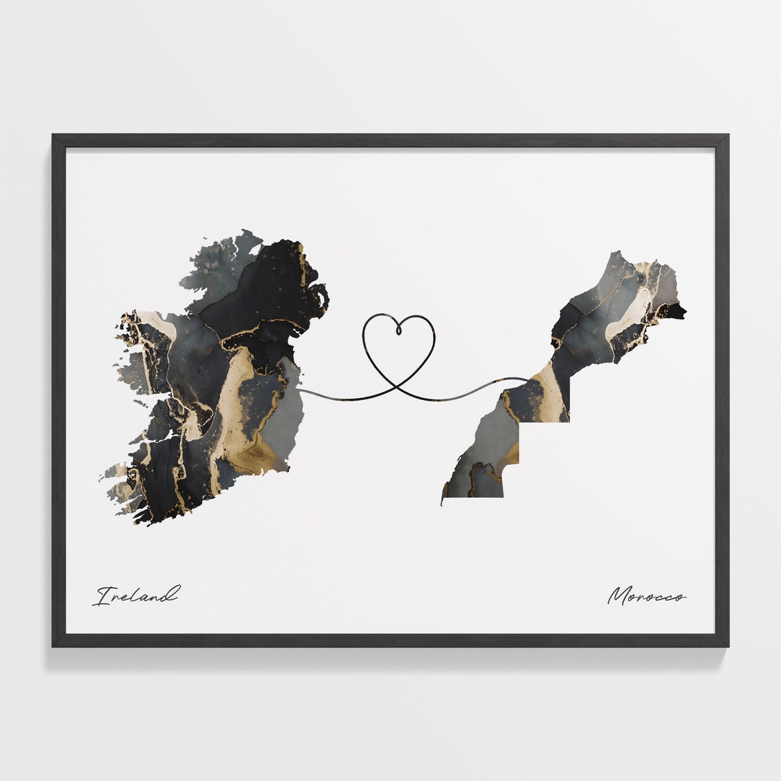Ireland To Morocco Modern Marble Effect Two Country Heart Map Poster