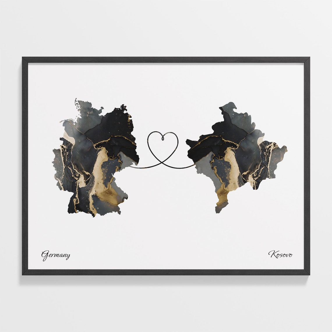 Germany and Kosovo Black and Gold Marble Two Countries Map Poster