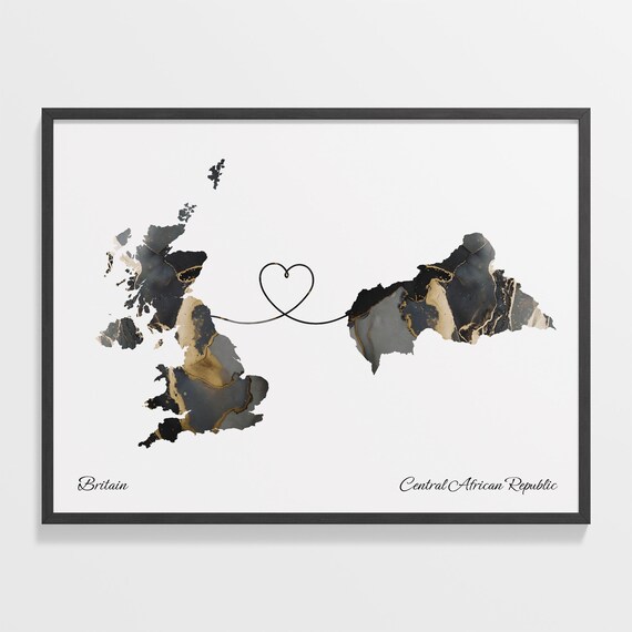 Britain to Central African Republic Marble Heart Map Print Long Distance Couple Gift
