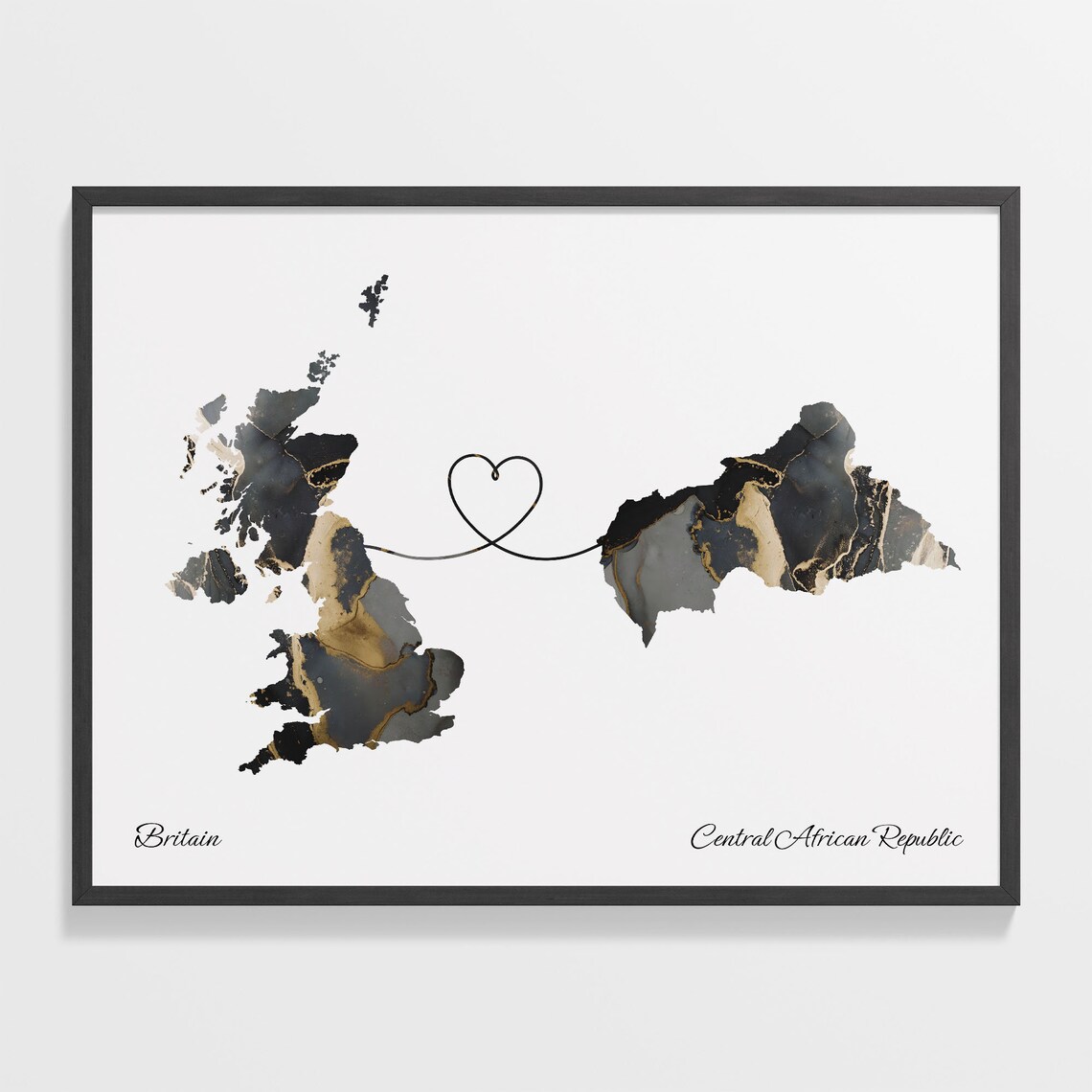 Britain to Central African Republic Marble Heart Map Print Long Distance Couple Gift