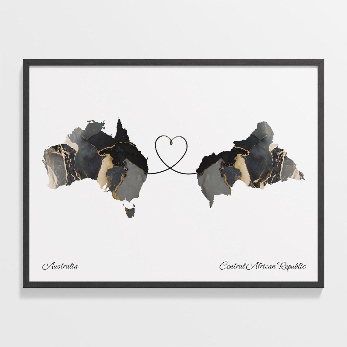 Australia and Central African Republic Black Marble Heart Connection Map Poster