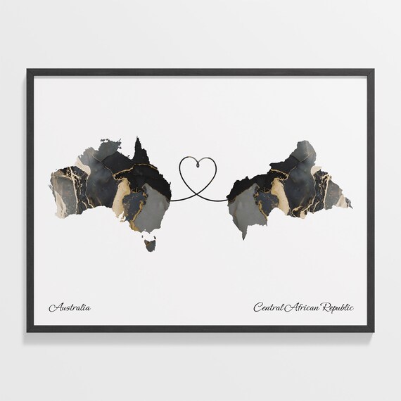Australia and Central African Republic Black Marble Heart Connection Map Poster