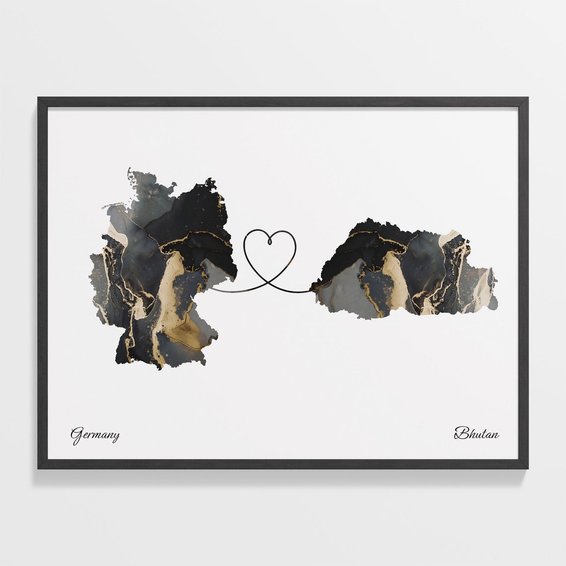 Germany and Bhutan Heart Connection Black and Gold Marble Poster