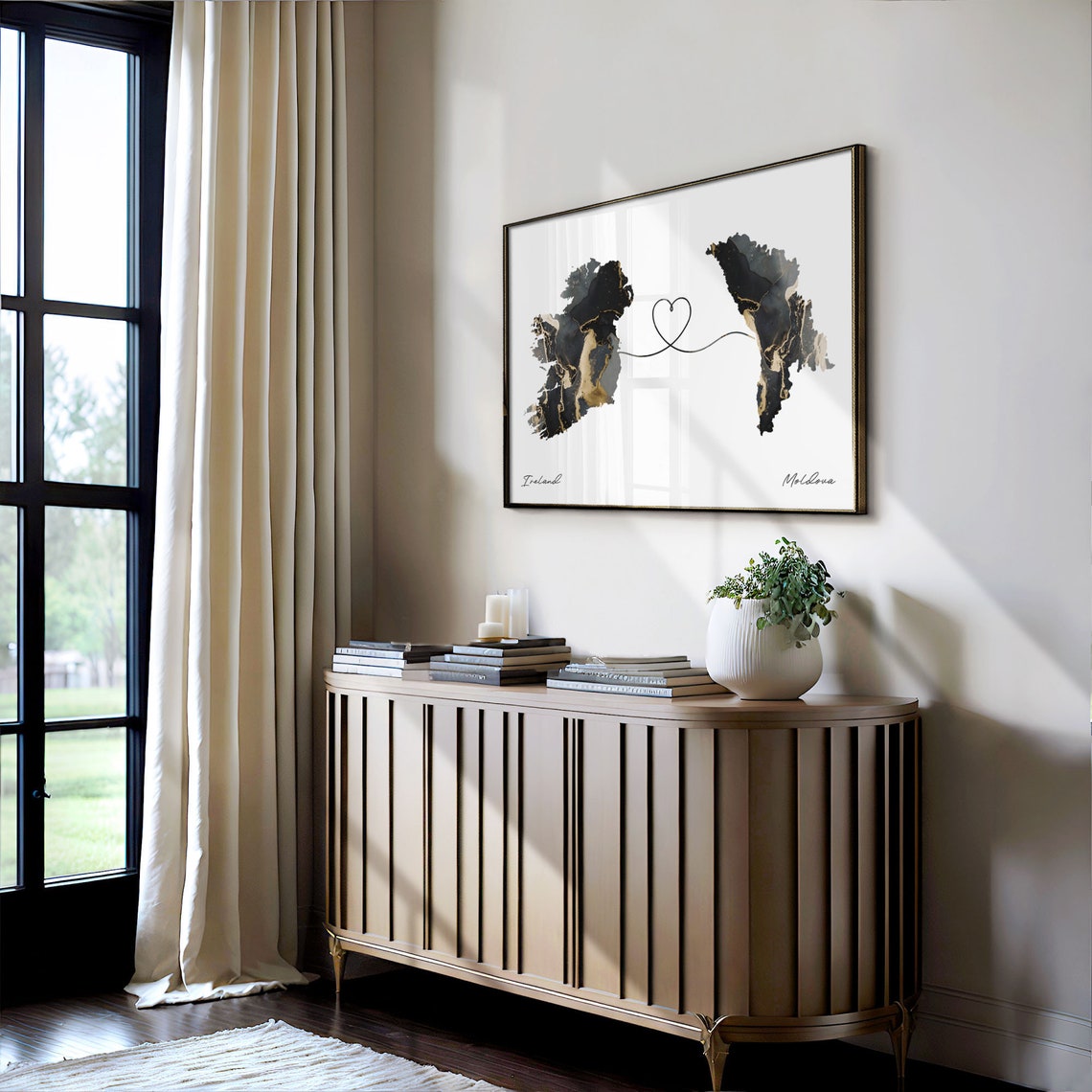 Ireland To Moldova Black Gold Marble Two Country Heart Map Poster - Image 4