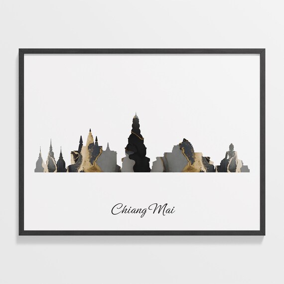 Chiang Mai Thailand Marble Skyline Black Gold Minimalist Cityscape Poster