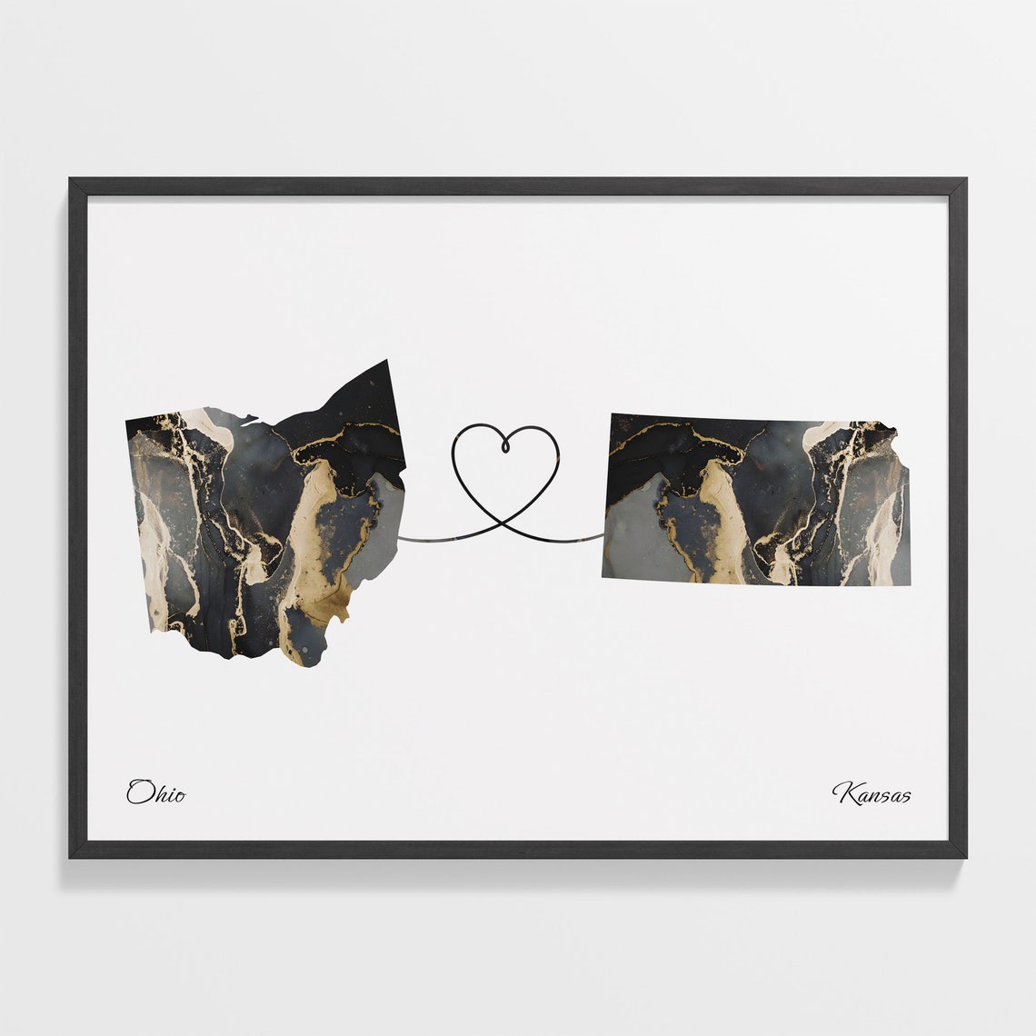 Ohio Kansas Long Distance Black Gold Marble Heart Map Poster