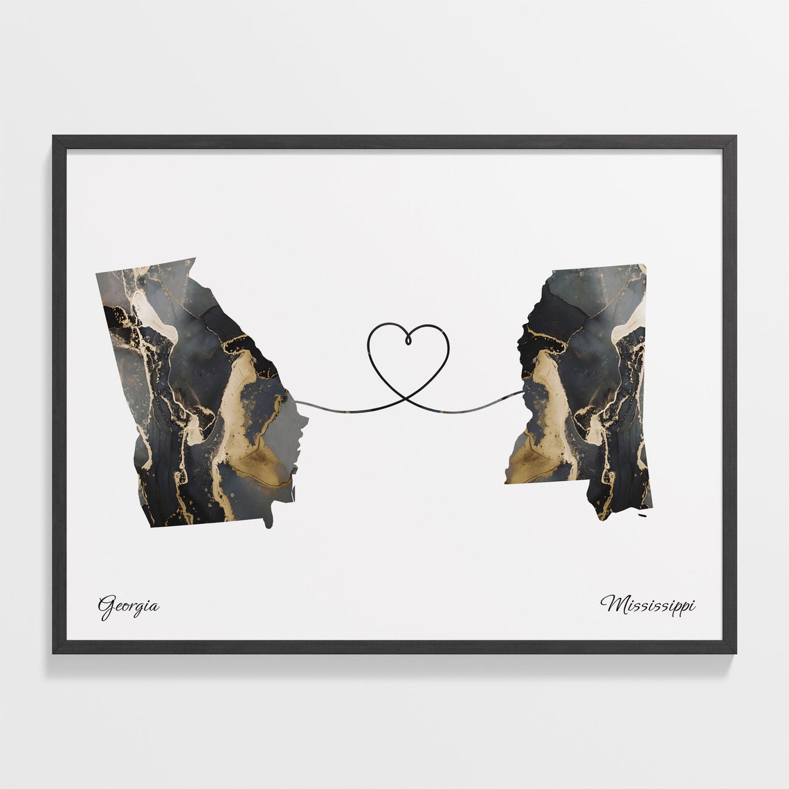 Georgia to Mississippi Two State Long Distance Heart Marble Map Poster