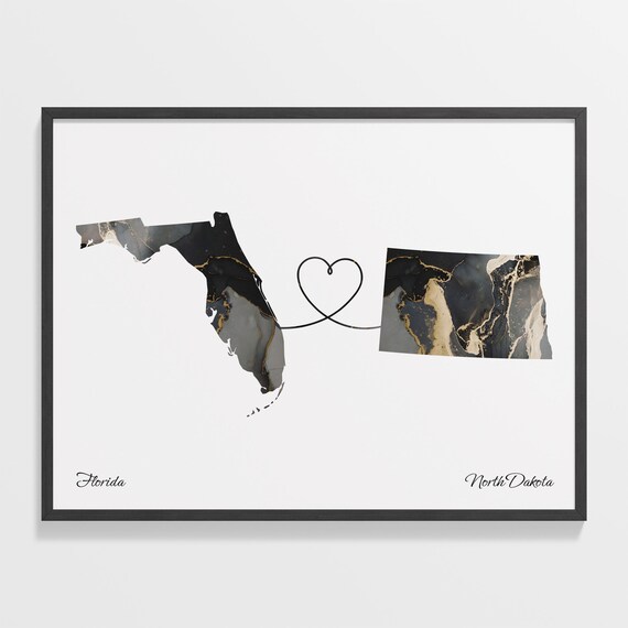 Florida North Dakota Marble State Map Poster Heart Line Moving Gift