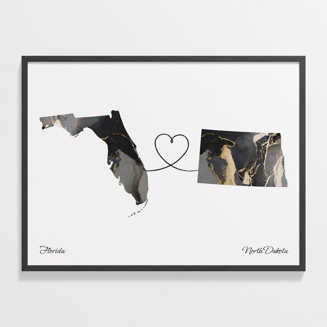 Florida North Dakota Marble State Map Poster Heart Line Moving Gift