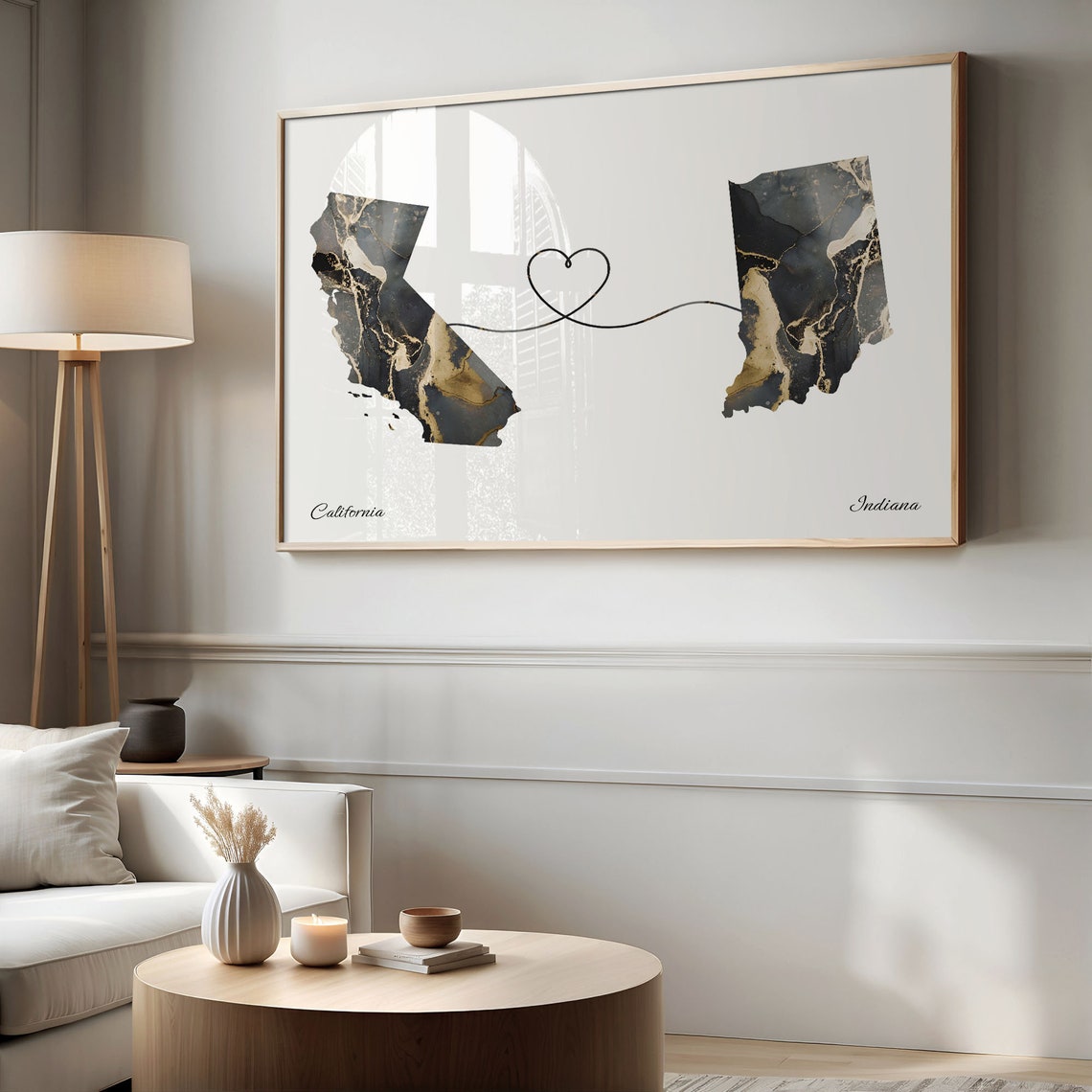 California to Indiana Black Gold Marble Map Heart Line Art Poster - Image 2