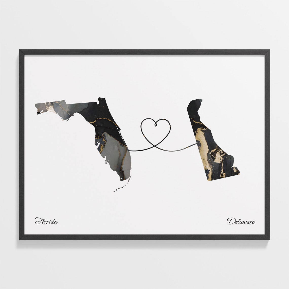 Florida to Delaware Marble Map with Heart Long Distance Love Poster