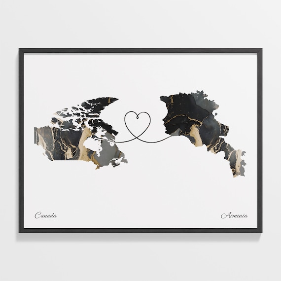 Canada To Armenia Marble Heart Map Two Country Long Distance Gift Poster