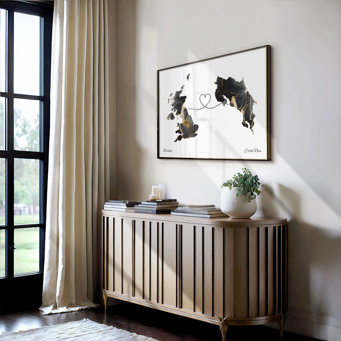 Britain to Costa Rica Heart Connected Long Distance Marble Map Poster - Image 4