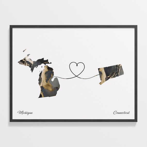 Michigan To Connecticut Print Connecticuter Gift Marble Two Countries Map Poster Travel Art Home Abroad Gift C22 1669