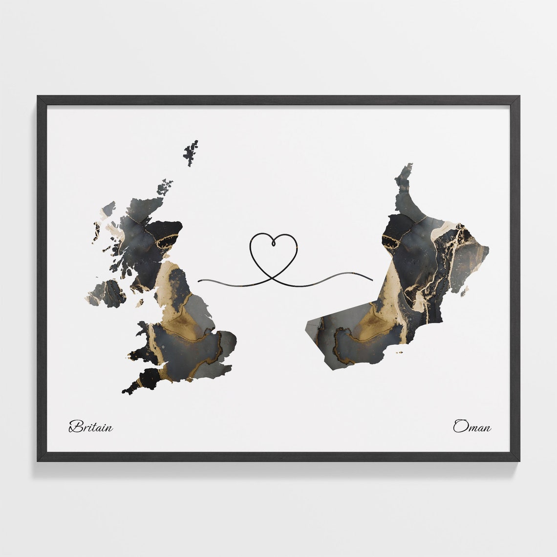Britain and Oman Heart Connection Black and Gold Marble Poster