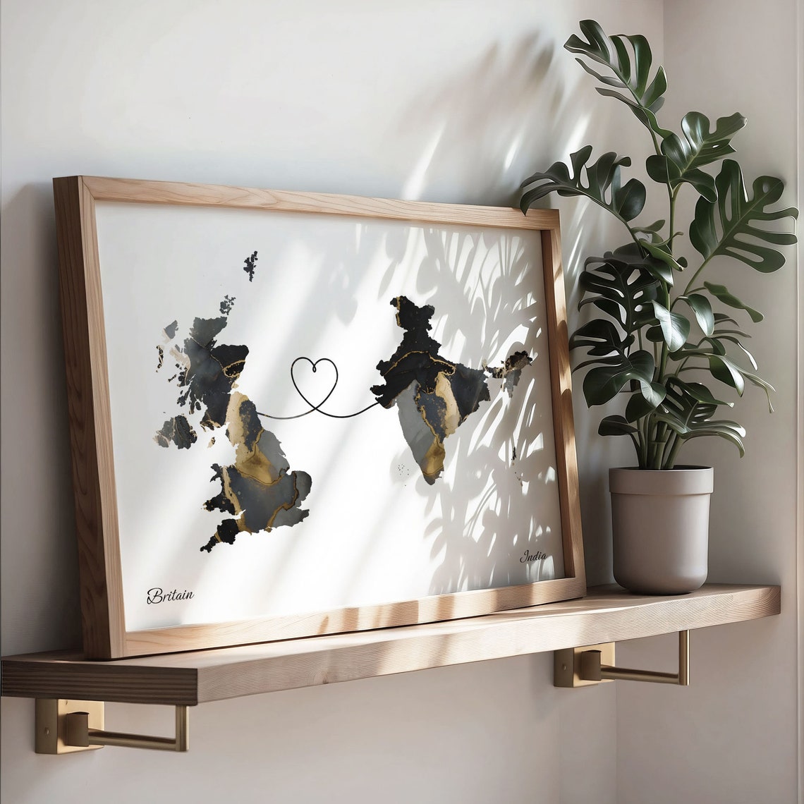 Britain To India Long Distance Marble Map Heart Print Gift Art - Image 3