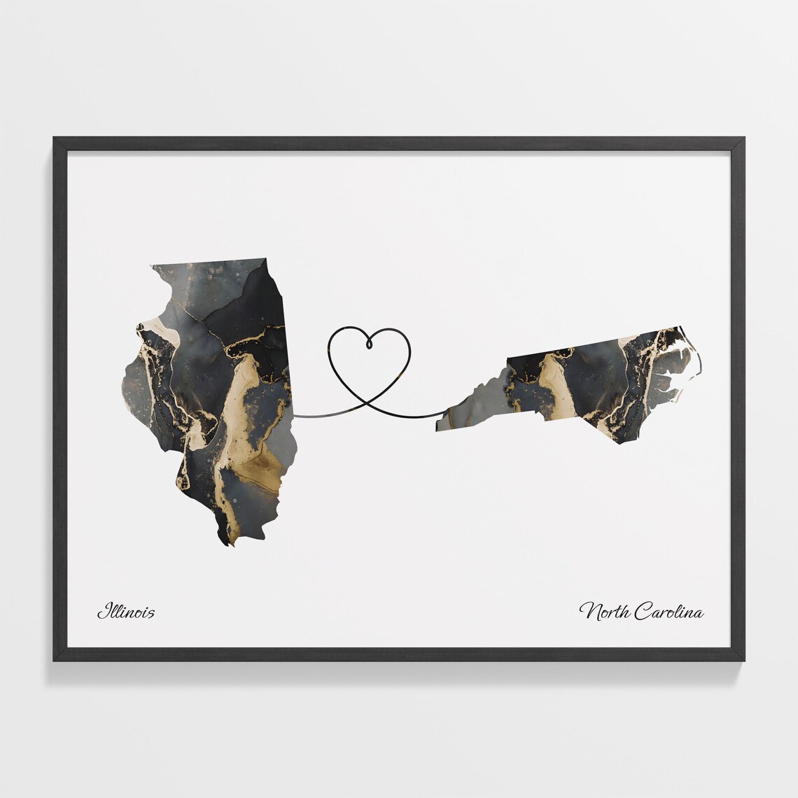 Illinois to North Carolina Black Gold Marble Map Heart Connection Poster