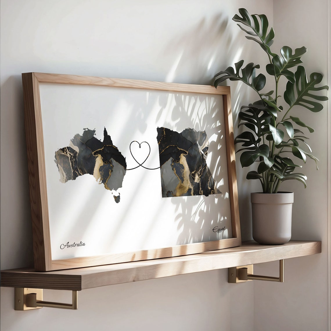Australia and Egypt Black Marble Heart Connection Map Poster - Image 3