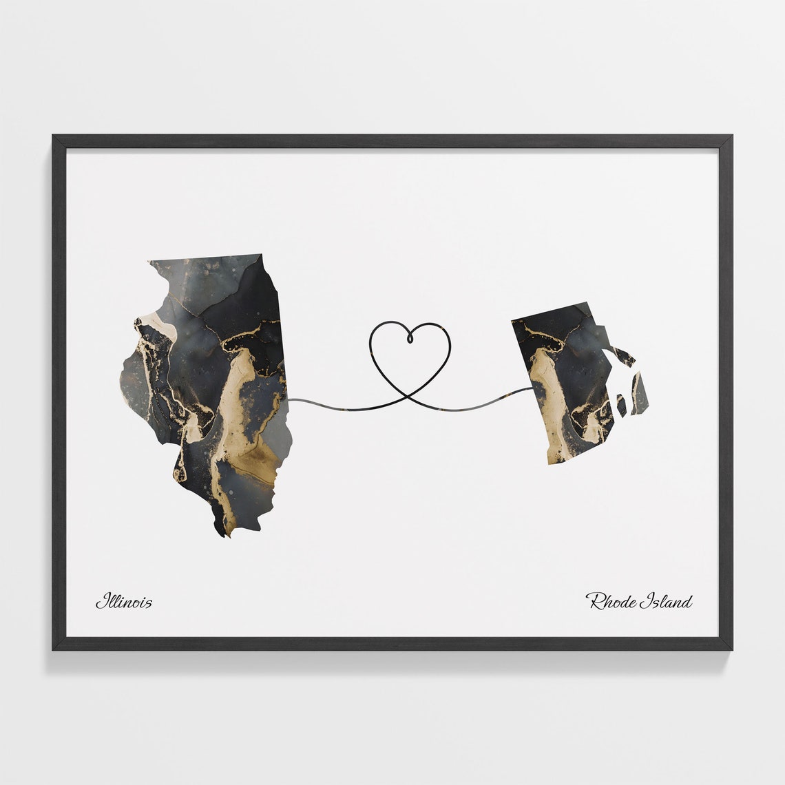 Illinois to Rhode Island Long Distance Love Marble Map Art Poster