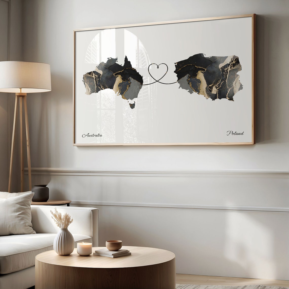 Australia Poland Long Distance Love Heart Marble Map Gift Poster - Image 2