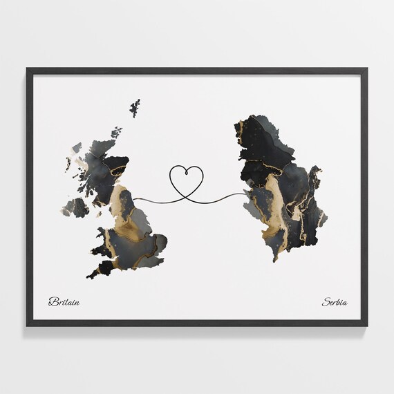 Britain to Serbia Marble Map with Heart Long Distance Love Poster