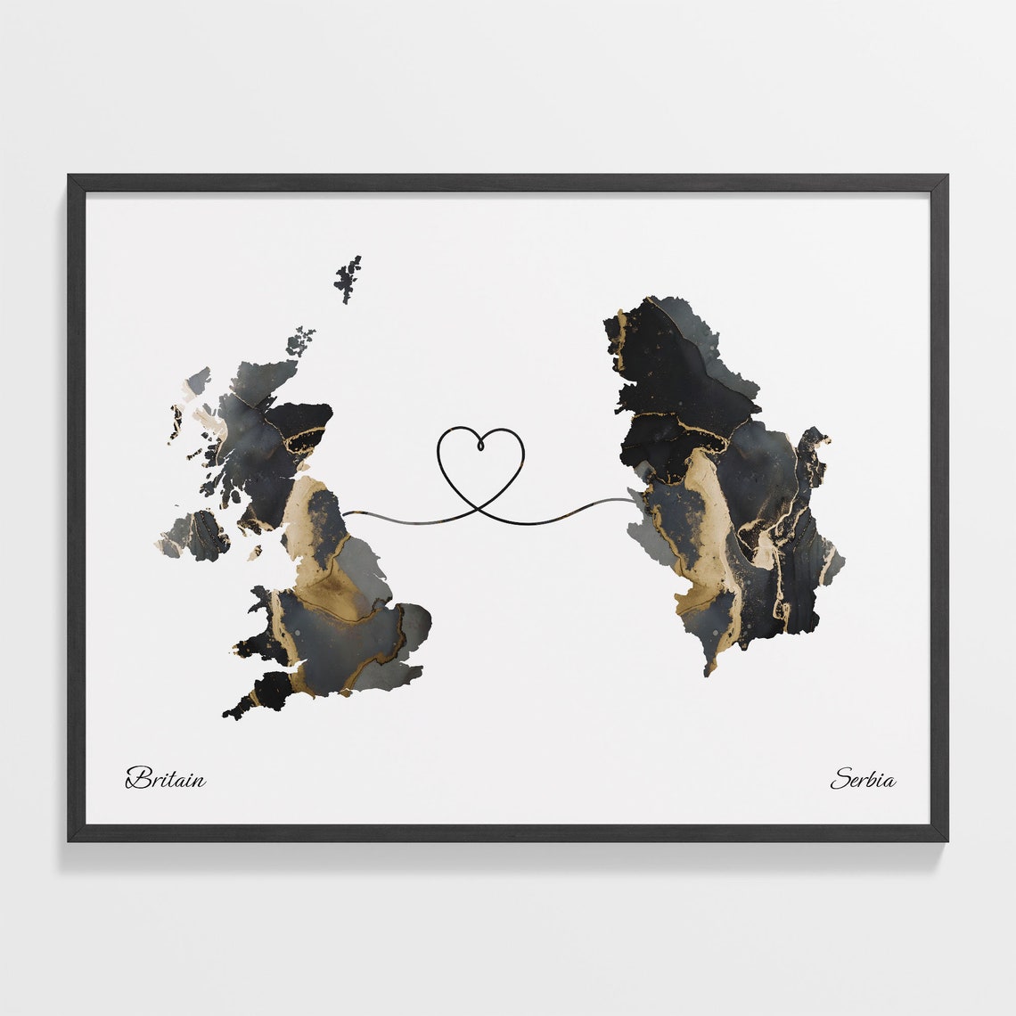 Britain to Serbia Marble Map with Heart Long Distance Love Poster