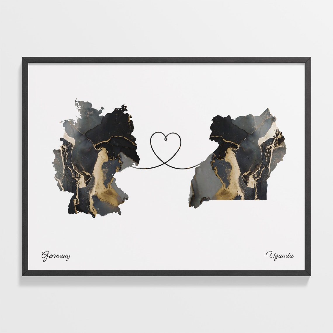 Germany To Uganda Black Gold Marble Long Distance Heart Map Poster