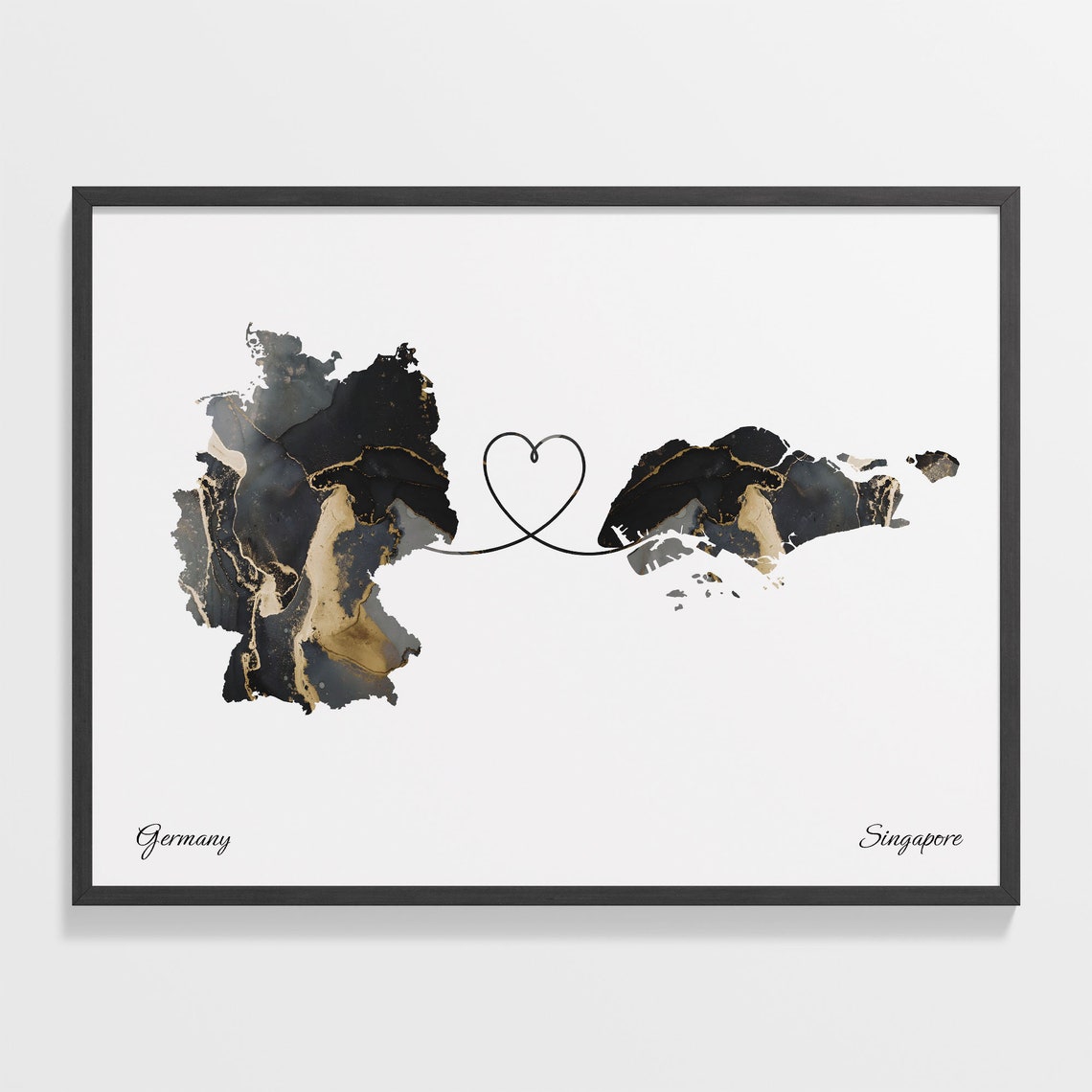 Germany to Singapore Black Gold Marble Heart Connection Map Poster