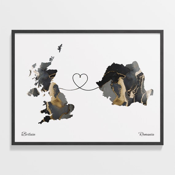 Britain to Romania Map Poster, Travel Route Print