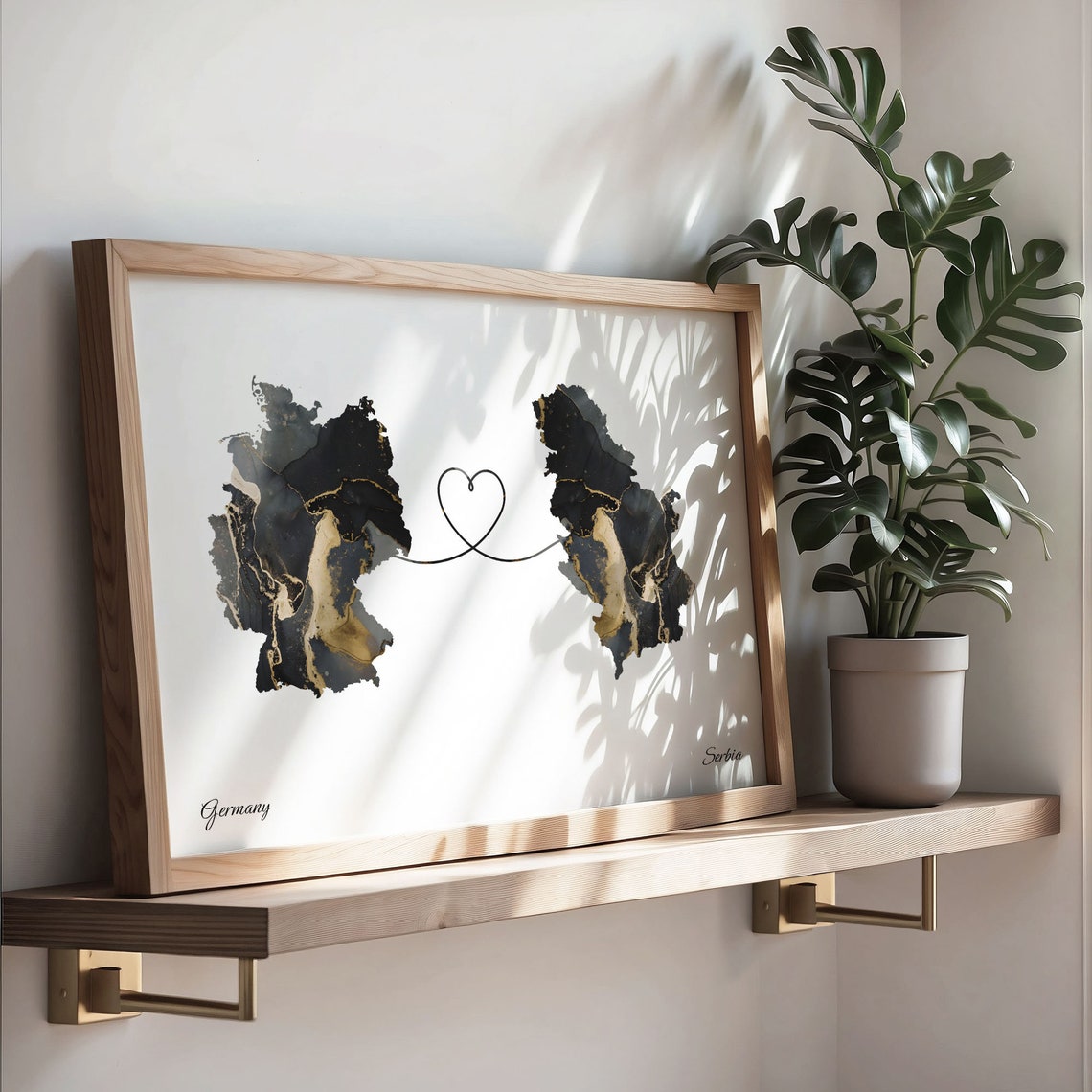 Germany to Serbia Black Gold Marble Heart Connection Map Poster - Image 3