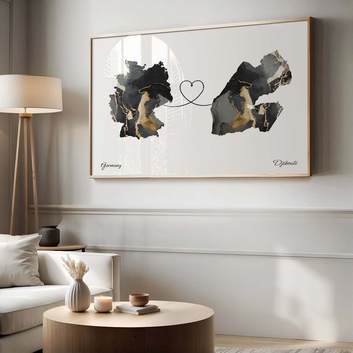 Germany and Djibouti Marble Heart Connected Countries Map Poster - Image 2