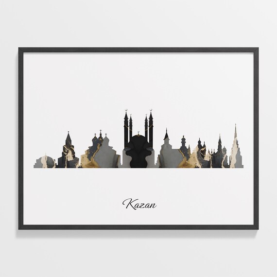 Kazan Skyline Minimalist Black Gold Marble Cityscape Art Poster