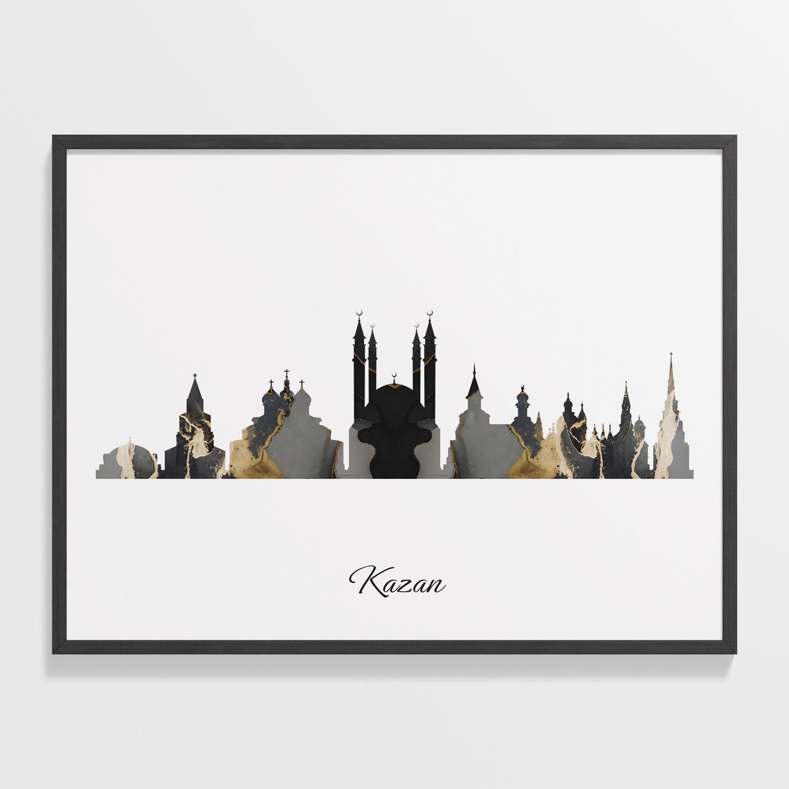 Kazan Skyline Minimalist Black Gold Marble Cityscape Art Poster
