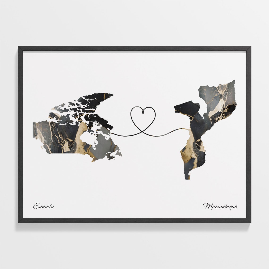 Canada to Mozambique Black and Gold Marble Two Country Map Poster