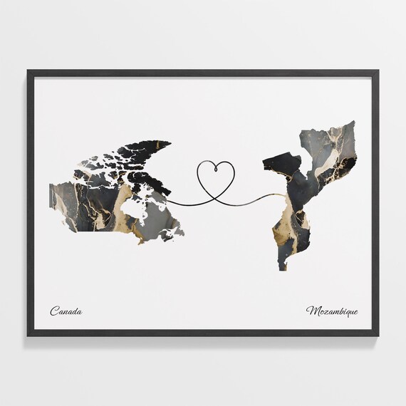 Canada to Mozambique Black and Gold Marble Two Country Map Poster