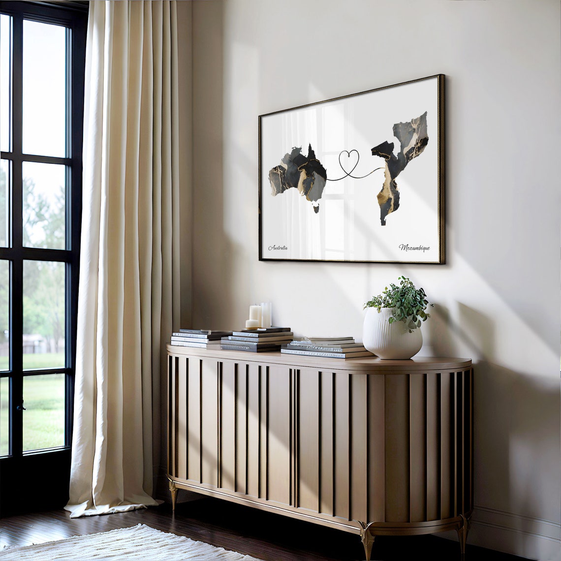 Australia and Mozambique Black Gold Marble Map Heart Connection Poster - Image 4