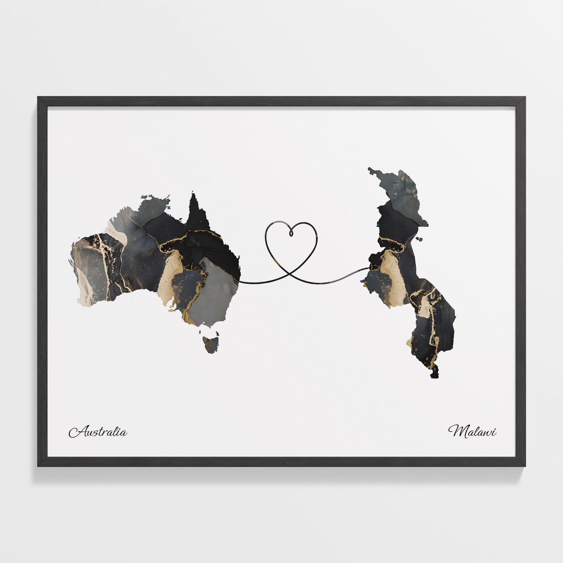 Australia Malawi Marble Map Heart Long Distance Love Gift Poster