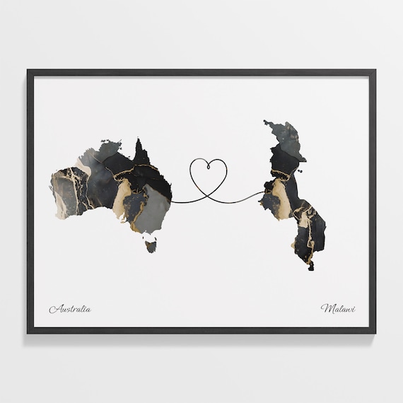 Australia Malawi Marble Map Heart Long Distance Love Gift Poster