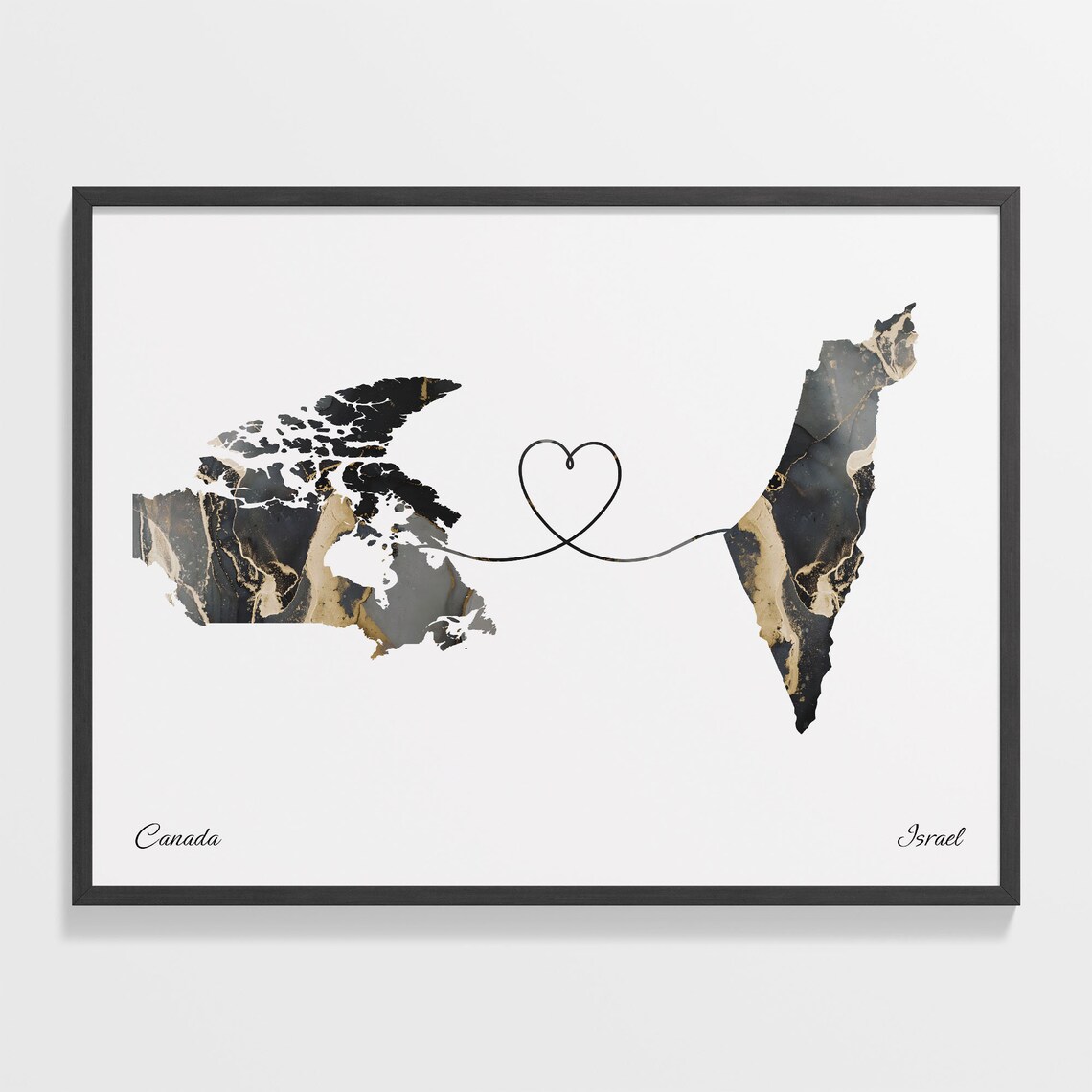 Canada To Israel Marble Heart Map Two Country Long Distance Gift Poster
