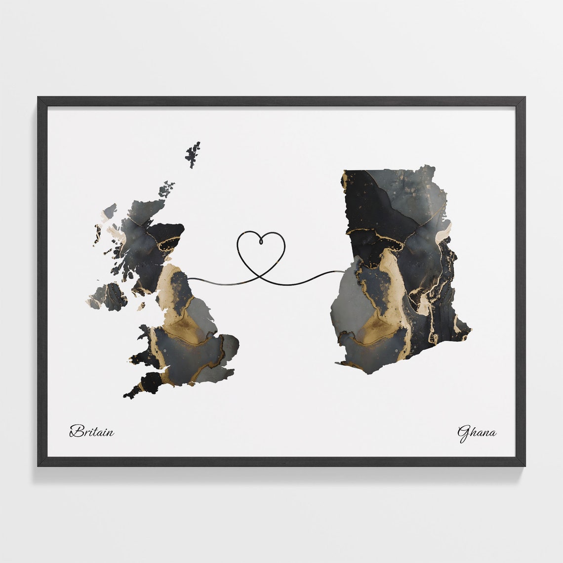 Britain to Ghana Marble Map with Heart Long Distance Love Poster