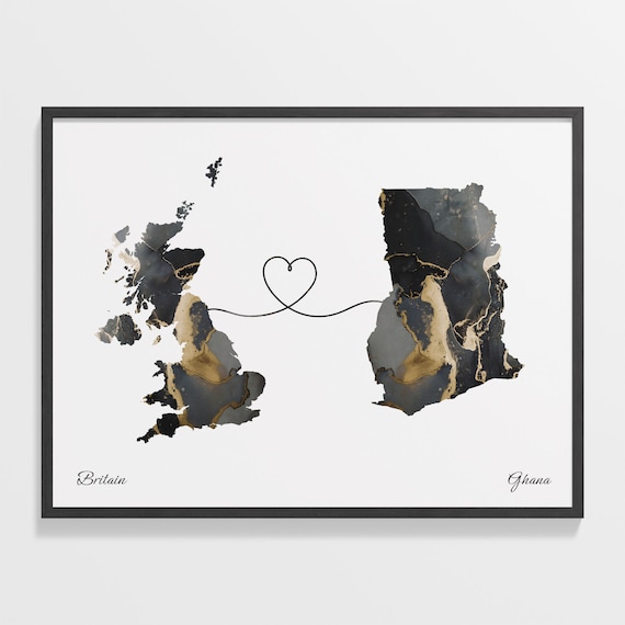 Britain to Ghana Marble Map with Heart Long Distance Love Poster