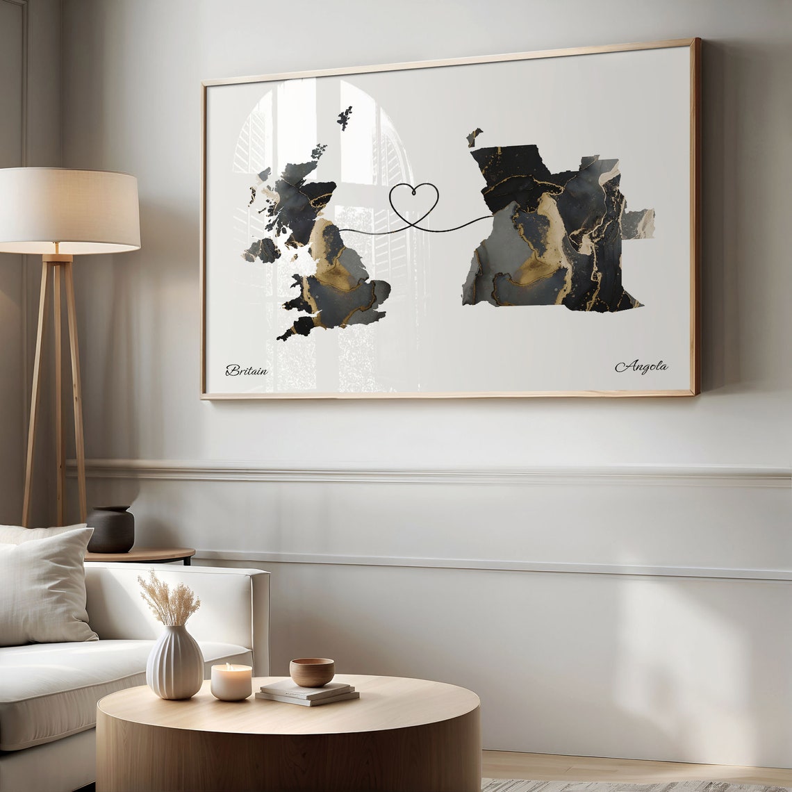 Britain to Angola Marble Heart Map Print Long Distance Couple Gift - Image 2