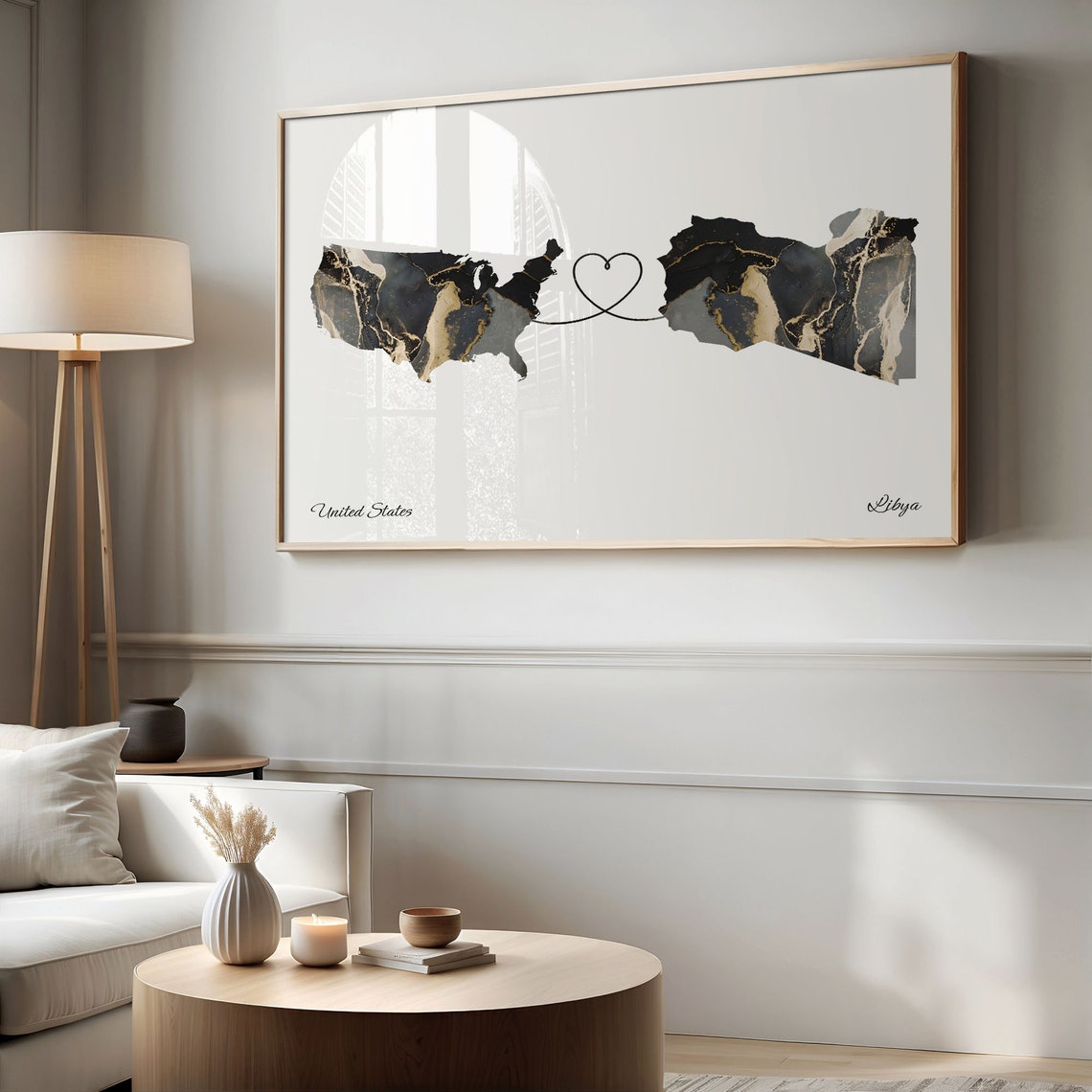 United States and Libya Marble Heart Map Long Distance Poster - Image 2