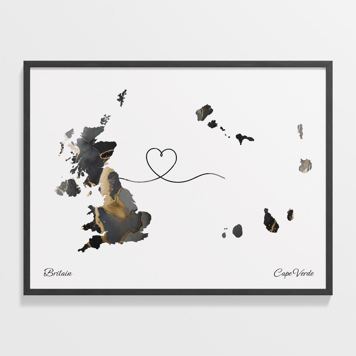 Britain To Cape Verde Marble Map Heart Poster Long Distance Love Gift