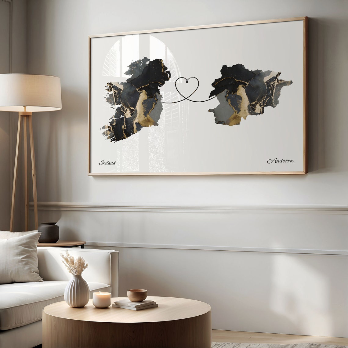 Ireland Andorra Long Distance Love Black Marble Heart Map Poster - Image 2