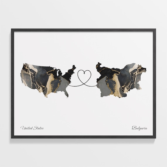 United States to Bulgaria Two Country Heart Marble Map Poster