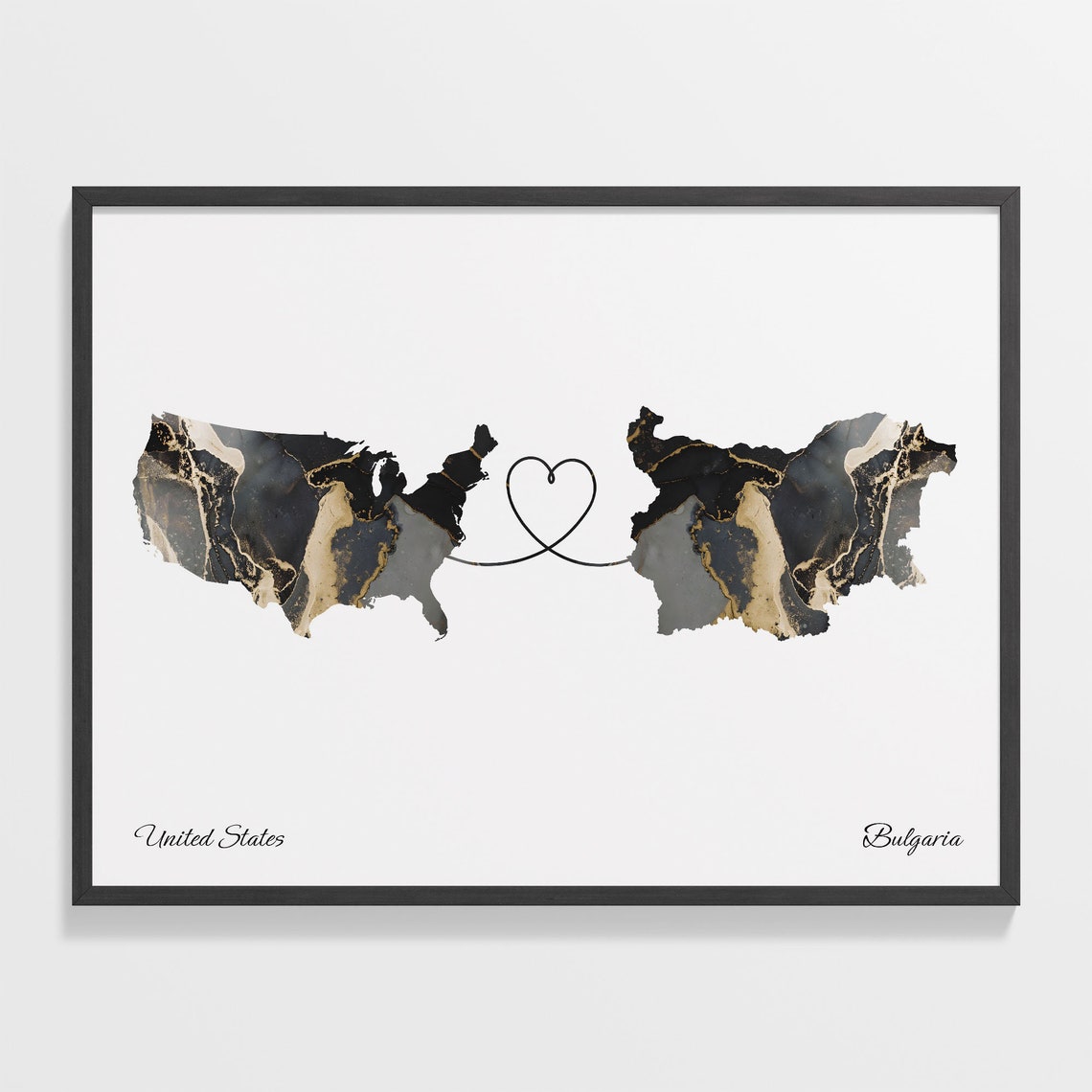 United States to Bulgaria Two Country Heart Marble Map Poster